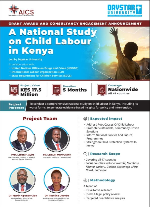 DAYSTAR UNIVERSITY WINS KES 17.5 MILLION NATIONAL CHILD LABOUR STUDY GRANT